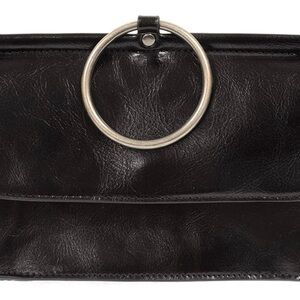 Joy Susan Black Leather Clutch with Silver Ring Accent